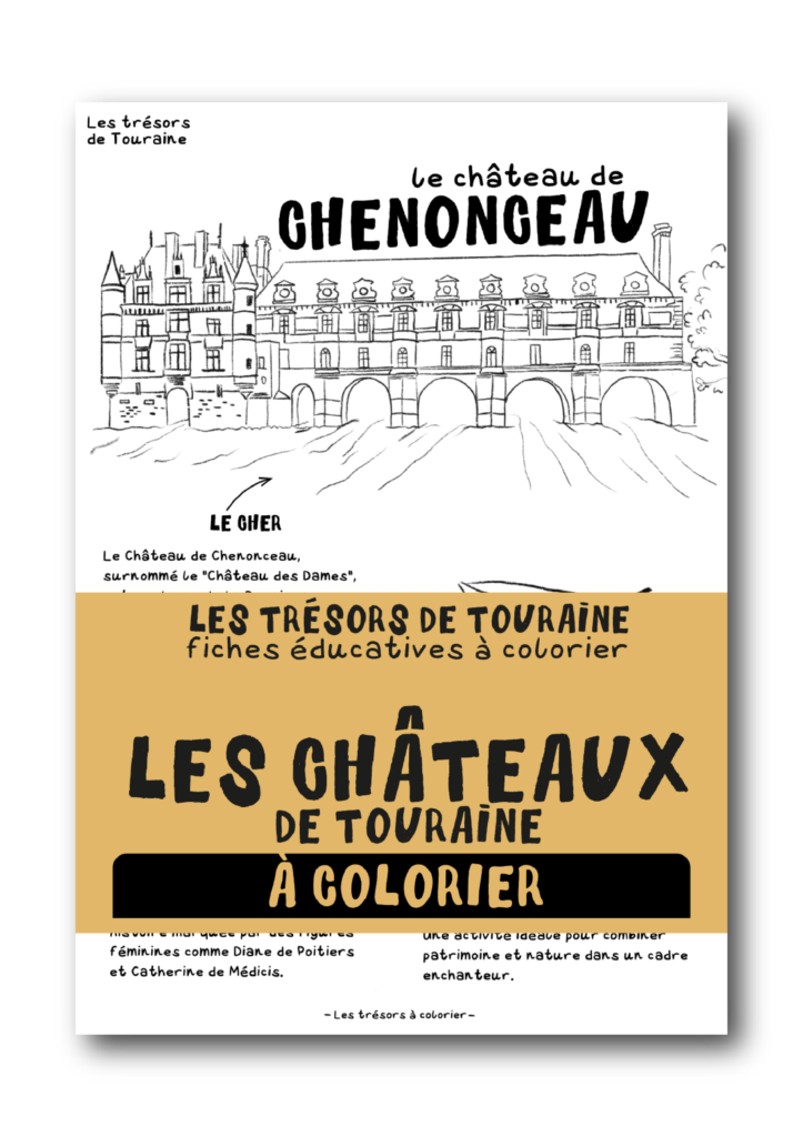 Châteaux de Loire, Châteaux Touraine, Chenonnceau, Azay-le-rideau, vin, vouvray, chinon, Tours, coloriage, adulte, enfant, aquarelle, tourisme,