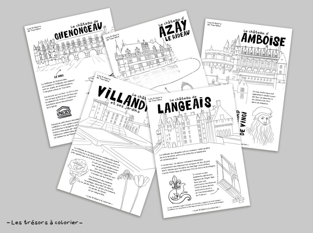 coloriage fiches feuilles chateaux chenonceau azay le rideau langeais amboise villandry Tours Touraine